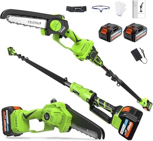 2-in-1 Akku Teleskop Hochentaster 8 Zoll & Mini Kettensäge mit 2×4.0Ah 21V Akku, Bürstenloser Motor, Arbeitshöhe bis 4.5 Meter, Kompakte Hochentaster zum Baum- und Heckenschneiden