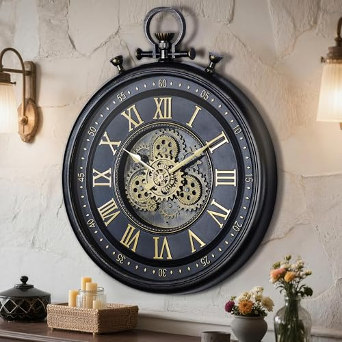 AYRELY® Große Vintage Wanduhr 61 cm mit beweglichen Zahnrädern – Industrielle Steampunk Uhr mit römischen Ziffern, dekorative Design-Wanduhr für modernes Wohnzimmer