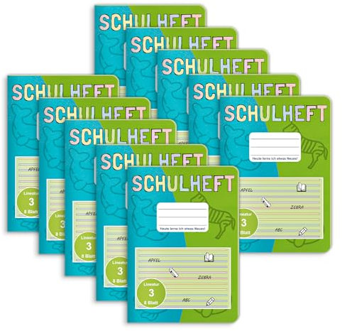 10 Stück Schreibheft A4 Lineatur 3 Ohne Rand Heft Block Lineatur 3 Deutschheft 1. und 2. Klasse 8 Blatt Schulheft a4 Liniert 3. Klasse für Schulanfang Kinder die Schule und zum Lernen Üben 80g/m²
