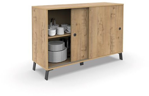 MUEBLES PITARCH Aparador Salón Comedor, Buffet, Mueble Auxiliar, 2 Puertas correderas, Roble Gold con Patas Negras, 87x120x40cm, Despensa, Cocina, Despacho, Recibidor Moderno Industrial, Modelo Kamet