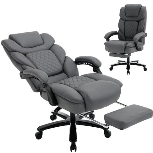 KCREAM Bürostuhl 200kg Belastbarkeit, Ergonomischer Chefsessel mit Fußstütze, PU Leder Großer Bürostuhl Drehstuhl mit Rollen, Chefsessel mit Verstellbarer Lendenwirbelstütze, Grau