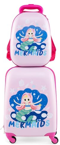 COSTWAY 2tlg Kinderkoffer + Rucksack, Kindertrolley aus Kunststoff, Kindergepäck, Kinder Kofferset Handgepäck Reisegepäck Hartschalenkoffer für Jungen und Mädchen (Mermaid, 12+16)