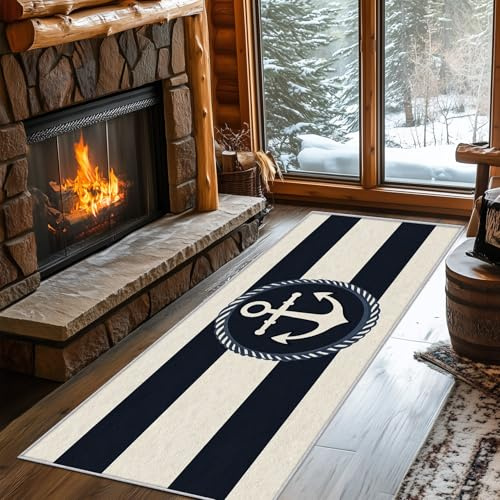 Generisch Läufer Flur Anker, Waschbarer Teppich Läufer Nautische Marine Blau Weiße Streifen 60x160, Küchenteppich, Eingangsbereich, Bettvorleger, Schlafzimmer Deko, rutschfest, Kurzflor c309