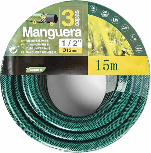 YIJIA | Manguera de jardín,Fabricada en tela cruzada de poliéster - Manguera para Riego Reforzada 3 Capas,Presión de rotura de 20 bar - Diámetro Ø1/2 (12mm), Verde,15 Metros