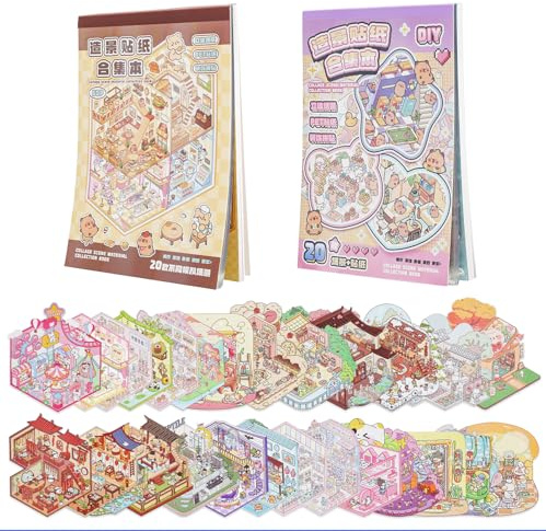 VQBKHO 40 Szenen 3D DIY Miniatur Haus Aufkleber Set Wiederverwendbare Miniatur Szenen Sticker Stickerbuch mit DIY Haus Aufkleber PET Bastel Aufkleber für Kinder & Erwachsene Stressabbau Spielzeug