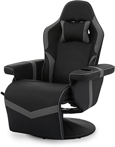 360° Swivel Gaming Recliner Chair, Ergonomic PU Leather Reclining Chair with Adjustable Backrest, Footrest, Cup Holder & Neck Support, Heavy-Duty 300 lb Capacity for Adults, Teens, Grey