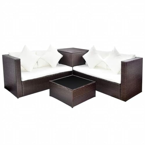 FWIKDUN 4 Piece Garden Lounge Set with Cushions, Brown Outdoor Sofa Set, Poly Rattan Patio Furniture with Storage Box and Coffee Table
