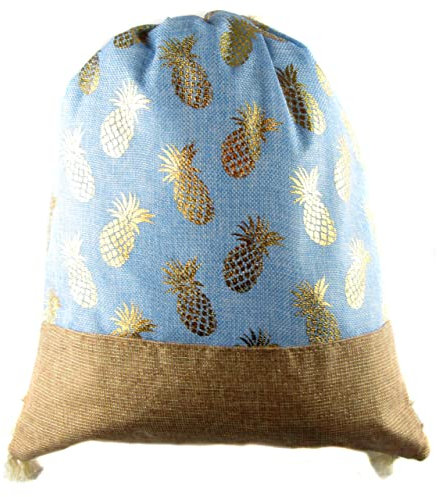 Zisla Bolsa mochila saco de cuerdas casual estampado en piñas doradas para gimnasio, playa, estilo bohemio hippie, gymsack, daypack deportes. (Celeste)