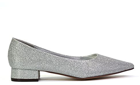 ESSEX GLAM Womens Low Heel Bridal Shoes Ladies Slip On Pointed Toe Flats Wedding Evening Party Silver Glitter Pumps Size 5