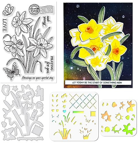 ORIGACH Realistische Narzisse Blume Stempel und Stanze und Schichtung Färbung Schablone Bundle für Kartenherstellung Album Kunsthandwerk Zubehör