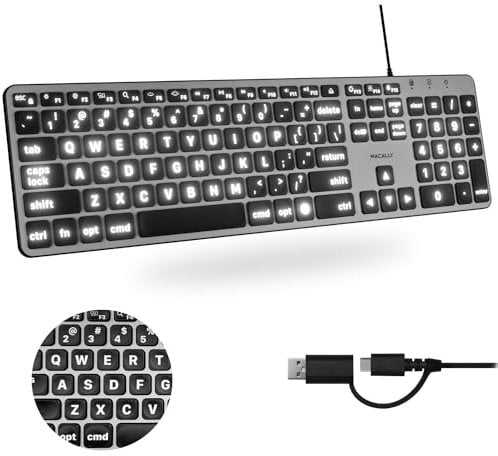 Macally Wired Keyboard for Mac (USB C + A) - Large Print and Backlit for Apple - 107 Key Full Size Large Letters USB C Keyboard for MacBook Pro/Air, Mac mini, iMac