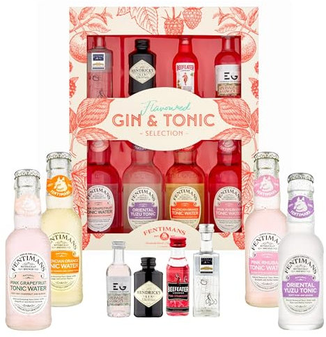 Flavoured Gin & Tonic Selection Gift Set - Fentimans Miniature Alcohol Bottles 4 x 5cl Paired with 4 x 200ml Tonic Water. Great Gin Gift Set for Christmas Gifts Stocking Fillers, Birthday Gifts