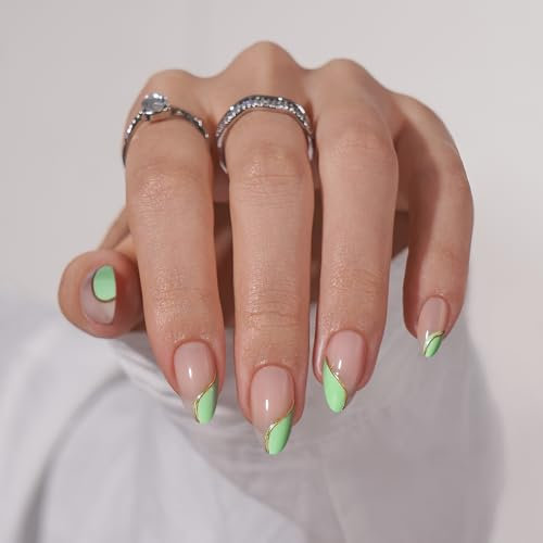 BTArtbox Press On Nails Short - 32 Pcs False Nails with Glue, Natural Almond Stick On Nails with Gold Foil Designs, Glue On Fake Nail in 16 Sizes, Scenery