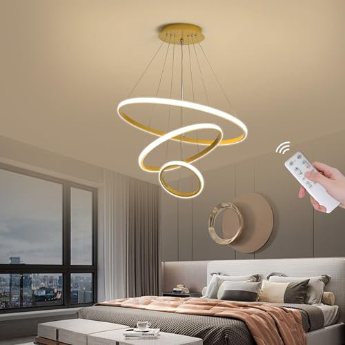Moderne LED Pendelleuchte Esszimmer Dimmbar Hängelampe Esstisch, 3 Ringe Gold Hängelampe Wohnzimmer, Höhenverstellbar Küchenlampe Hängend Linear Design Pendellampe für Esszimmer, Küche, Wohnzimmer