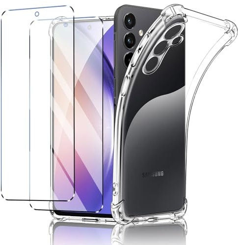 New&Teck Funda para Samsung Galaxy A55 5G + 2 Vidrio Templado Protector de Pantalla, Funda de TPU Flexible, Bumper con Esquinas reforzadas