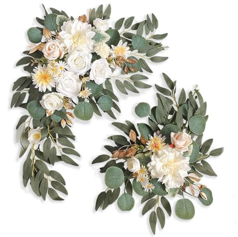 ZEBMOON Yellow White Wedding Arch Flowers, Faux Flower Swag Set of 2, White Floral Swag for Wedding Arch Welcome Signs, Reception Ceremony Signs Decor