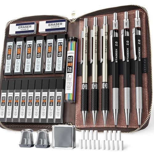 STAGEEK 30 teiliges Druckbleistift Set aus Metall mit Ledertasche 0,5/0,7/0,9/2,0mm,inkl.464 Minen(6B–4H&Farbnachfüllungen) für Skizzieren, Zeichnen & Schreiben