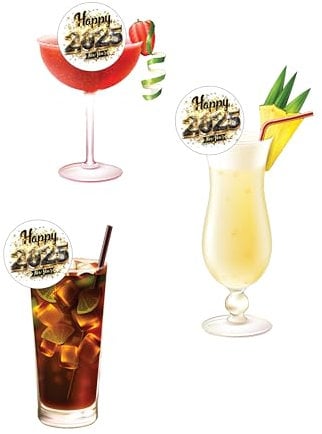 15 Pre-Cut Happy New Year 2025 Party Edible Wafer Paper Cocktail Drinks Champagne Prosecco Toppers Decorations - 5cm circles