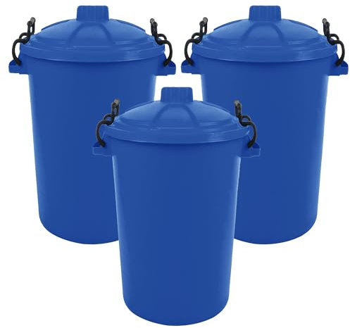 TENLITE - (Set Of 3-80L / 85L BLUE Extra Large Heavy Duty Plastic Bin with Locking Lid – Durable Storage Solution For Home, Garden Waste, Rubbish, & Animal Feed – Made in the UK
