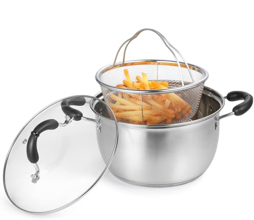 Deskium Olla multicapa de acero inoxidable con cesta, tapa, asas antiquemaduras, freidora y vaporera para uso doméstico