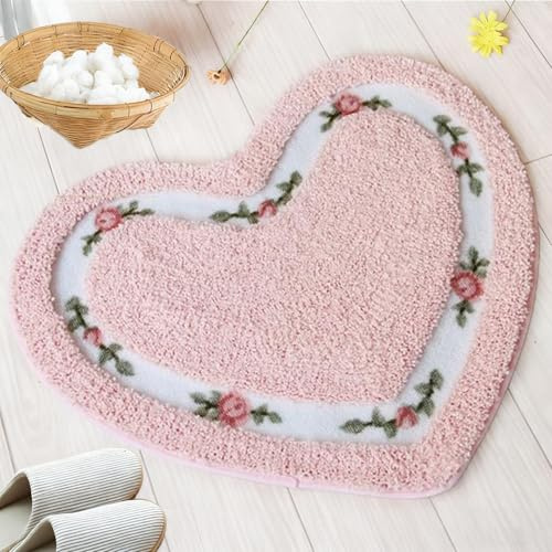 Dermalyx Badezimmer Teppiche Saugfähig Türvorleger Tür Schnelltrocknend Matte, Teppich rutschfest, Teppichboden Herzförmig Badezimmer rutschfest Teppiche Pink 45 x 50 cm
