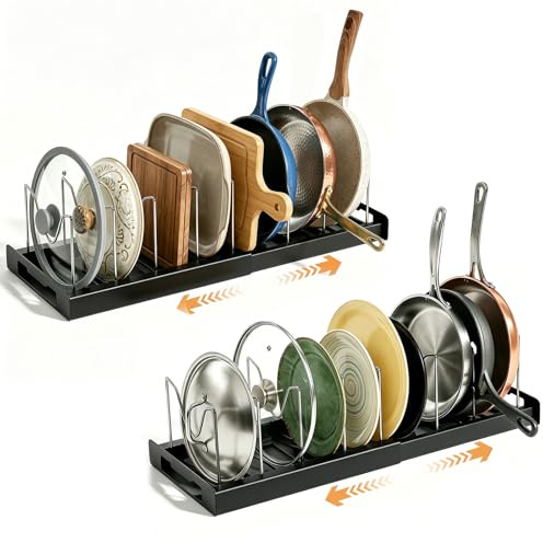 zxevg 2 Pack Black Pots & Pans Organiser 30-56cm | Expandable organiser with 10 dividers for pots, pans, lids & plates. Space-saving for kitchen cabinets & drawers
