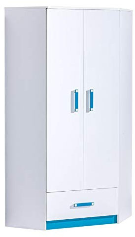 Furniture24 Eckkleiderschrank TRAFIKO 02, 2 Türiger Drehtürenschrank, Eckschrank mit 3 Einlegeböden, Kleiderstange und Schublade, Kleiderschrank für Jugendzimmer, Kinderzimmer (Weiß/Türkis)