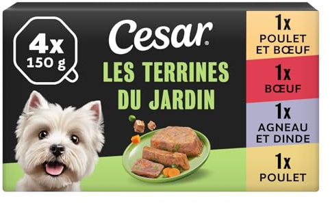Cesar Les Terrines du Jardin 6 x 4 x 150 g Poulet et Bœuf, Bœuf et Petits Légumes, Agneau, Dinde et Haricots Verts et Poulet, Morceaux de Carottes et Herbes de Provence (Pack de 24)