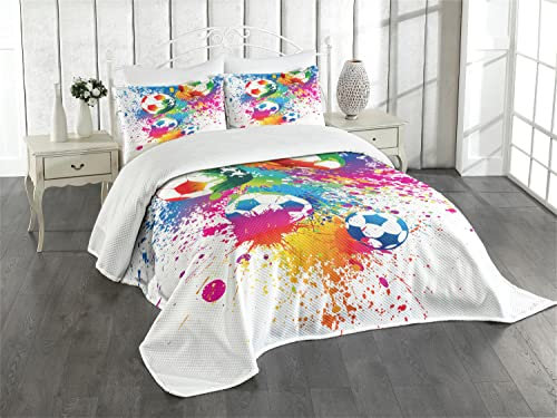 ABAKUHAUS Fußball Tagesdecke Set, Bunter Spritzer Ball, Set mit Kissenbezügen Weicher Stoff, für Doppelbetten 220 x 220 cm, Mehrfarbig