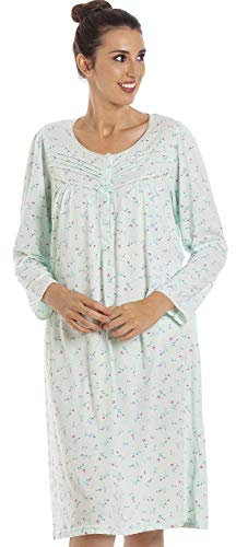 Camille Organic Cotton Women's Nightie - Floral Knee Length Lightweight Ladies Cotton Nightdress | Relaxed Fit Traditional Nighty with Long Sleeves | Flattering Shape Nightwear - Mint 10-12