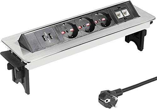 Presa a scomparsa Elbe Inno 3 prese 2 USB 2 RJ45 Presa a scomparsa per ufficio cucina Multipresa da tavolo in acciaio inox Adatto per l'Italia