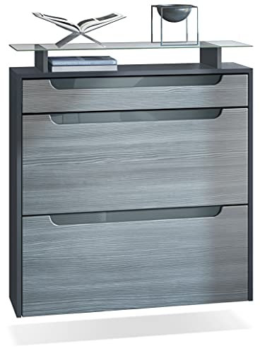 Vladon Schuhschrank Annie, Schuhkipper für 16 Paar Schuhe mit 2 Klappen, 1 Schublade und Glasablage, Anthrazit matt/Avola Anthrazit, Griffmulden in Grau Hochglanz (89 x 96 x 23 cm)