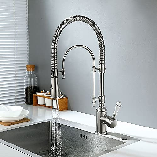 KunMai Robinet d'évier de cuisine pivotant à double mode à poignée unique avec poignée en porcelaine en nickel brossé, robinet pré-rinçage en laiton massif sans plomb