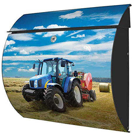 banjado® Burgwächter® Briefkasten anthrazit aus Stahl mit Motiv Traktor/Briefkasten ohne Zeitungsfach/Postkasten mit Kippdach & Öffnungsstopp, 2 Schlüssel