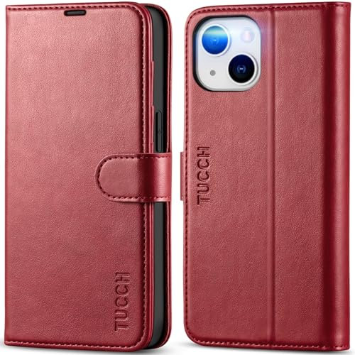 TUCCH Wallet Case for iPhone 14 (6.1) 2022 5G, Magnetic Shockproof PU Leather Case with [RFID Blocking] Credit Card Slot, Stand Book TPU Flip Folio Phone Cover Compatible with iPhone 14, Dark Red