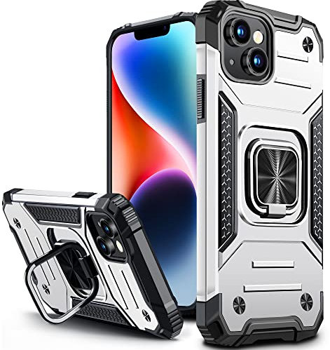 Vakoo Hülle für iPhone 14 und iPhone 13, Militär Stoßfest Handyhülle mit 360 Grad Metal Ring Halter Ständer Schutzhülle (6,1 Zoll), Silber