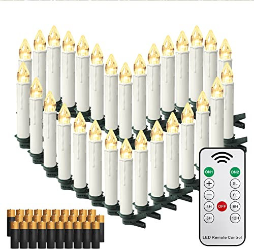 LZQ LED Kerzen Batteriebetrieben mit Fernbedienung, LED Christbaumkerzen Kabellos Warmweiß Weihnachtsbaumbeleuchtung Weihnachtskerzen Kerzenlichter mit Timer (Mit Batterie, 30 Stück)