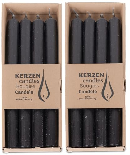 DecoLite Stabkerzen Rustik 25 cm, 10h Brenndauer, 8 Stück, Schwarz | Made in Germany, RAL-geprüft, ruß- & tropffrei, durchgefärbte Vintage Haushaltskerzen im Landhausstil, ohne Duft
