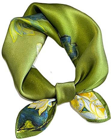 Aufeel Damen-Schal aus 100% reiner Maulbeerseide, klein, quadratisch, Halstuch für Damen, Seiden-Kopftuch, 53,3 x 53,3 cm, Oliv/Blatt für mich (Leaf It to Me), Small