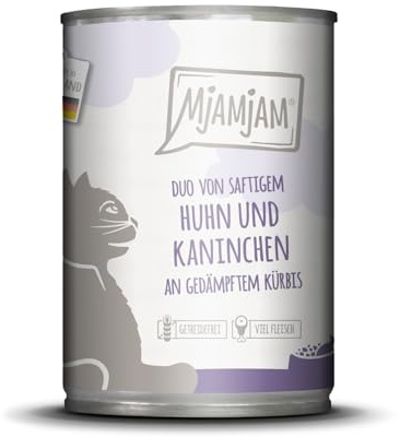 MjAMjAM - Premium Nassfutter für Katzen - Duo saftiges Huhn & Kaninchen an gedämpftem Kürbis, 1er Pack (1 x 400 g), getreidefrei mit extra viel Fleisch