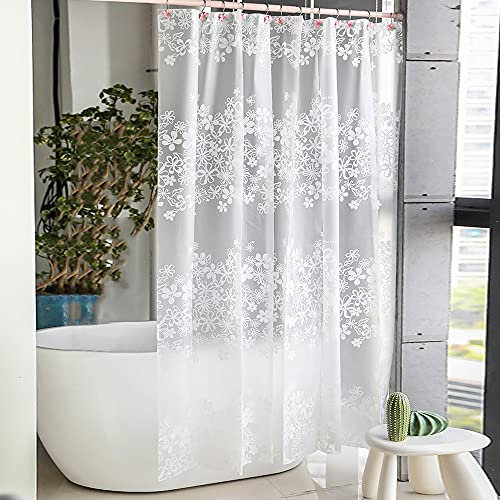 Vllcsla Duschvorhang Blumenmuster Anti Schimmel Wasserdicht, 180x200 cm, 180 cm Breite, Duschvorhang Weiß mit Blumen, Badezimmer Dusch Vorhänge mit U-förmigen Haken, Waschbar Plastik Bad Vorhang