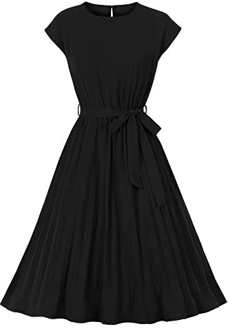 Wellwits Women's Cap Sleeves Pleated 40s 50s Vintage Dress Solid Black S