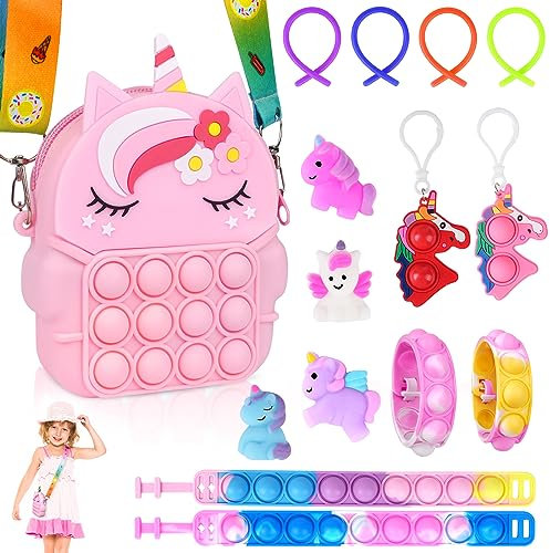 Ainiv 15PCS Fidget Toys Set, Pop Push It Tasche Handtasche, 2 in 1 Fidget Toys Taschen Umhängetasche, Mini Silikon Schlüsselbund Toys, Poppet Bubble Finger Toys Autismus for ADHS Squeeze Toys (Rosa)
