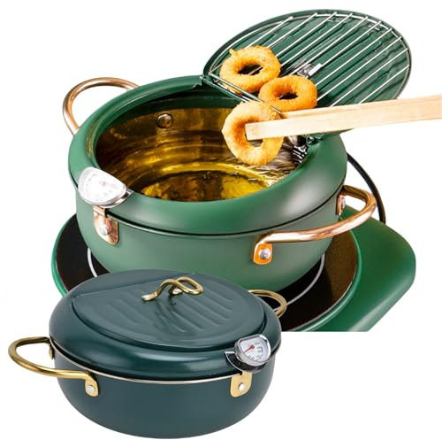 Olla Freidora Tempura, Freidora Japonesa, Olla Freidora Profunda, con Termómetro, Longitud Inferior de 24 cm, Mini Freidora de Cocina de Acero Inoxidable, Sarten Freidora para Freír (Verde)