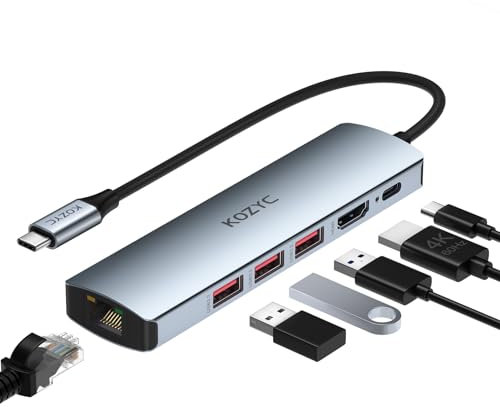 USB C Hub 10Gbps, KOZYC 6 IN 1 Docking Station USB-C to HDMI 4K 60Hz, 1Gbps RJ45 Ethernet, 3 USB 3.2 Data Ports, 100W PD Compatible Avec MacBook Air/Pro, XPS13/15, Dell