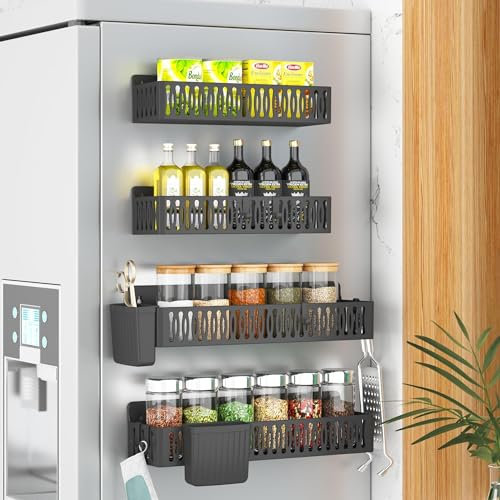 Sevenblue 4 Pack Magnetic Spice Rack for Refrigerator, Spice Rack Organizer, Moveable Magnetic Shelf Fridge Organizer with 4 Hooks for Kitchen and Oven Organization, Black