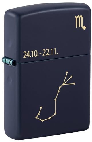 Zippo Sturmfeuerzeug - Zodiac Scorpio, Navy Matte, Laser Engrave - Nachfüllbar - Wiederverwendbar - Windfestes Design - Geschenkbox - Made in USA