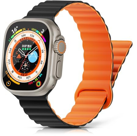 Tuocal Magnetarmband Kompatibel mit Apple Watch Armband 49mm 45mm 44mm 42mm, Silikon Magnetisch Loop Ersatzband für iWatch Ultra 2 / Ultra Series 9 8 7 6 5 4 3 2 1 SE Herren Schwarz Orange