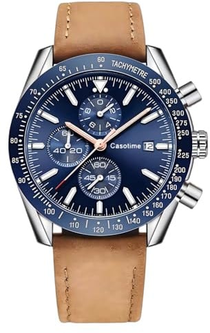 Casotime Herren Leder Chronograph Uhr 30M Wasserdicht herrenuhr Analog Quarz Datumsanzeige Herren Armbanduhr, Casual Klassische Mode Kleid Uhr mit Lederband, Elegantes Geschenk für Männer