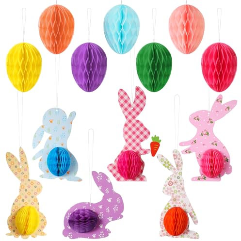 Tenare 13 Stück Waben Osterdekorationen Waben Osterhasen Papier Ostereier zum Aufhängen Bunte Ostern Deko Hängende Wabenpapierbälle für Ostern Frühling Party Baum Zuhause Schule (Lebendiger Stil)